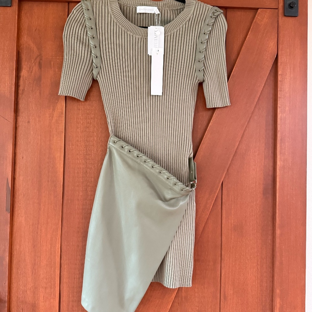 Jonathan Simkhai Olive Green Ribbed Mini Dress with Leather Draped Panel